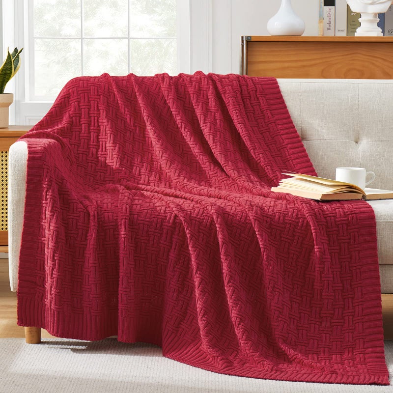 TREELY 100% Cotton Knitted Throw Blanket Couch Cover Blanket(50 x 60 Inches, Red) - Image 2